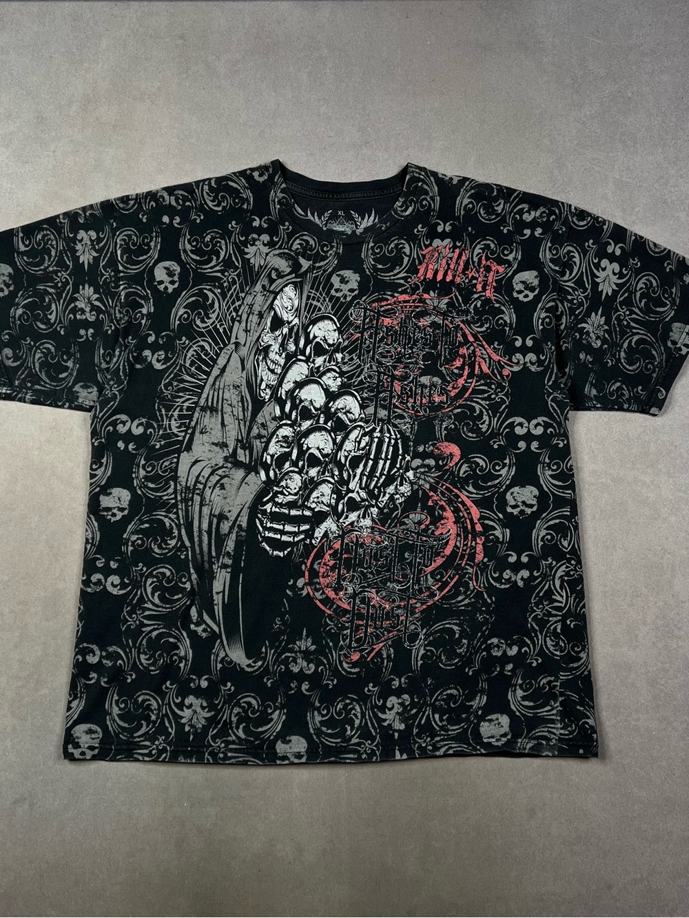 Affliction Stlye Black Graphic Angel & Skull Short Sleeve Tee with Red Accents